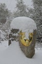 Gold plated mask outdoors in snow.