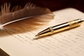 Gold-plated pen resting on leather-bound journal. Generative AI Royalty Free Stock Photo