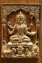 Gold plated steel embossed anaglyph picture of hinduistic god Shiva with trident called trishula and sword