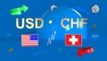 Gold-plated USD and CHF symbols with US and Switzerland flags set against abstract shapes, arrows and charts. Royalty Free Stock Photo