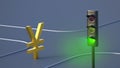 Gold-plated yen symbol is walking down the road at a green traffic light. Finance concept. Royalty Free Stock Photo