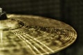 Gold plates from the drum set in the recording Studio. Professional drummers play recording Royalty Free Stock Photo