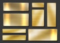 Gold plates. Realistic golden metal banners. 3D screwed boards on transparent background. Planks with glisten metallic Royalty Free Stock Photo