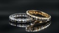 Gold and platinum diamond rings with diamonds surrounding the ring. Ring design on glossy black glass surface with 3D Royalty Free Stock Photo