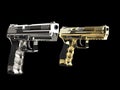 Gold and platinum modern semi auto guns next to each other