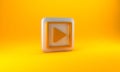 Gold Play in square icon isolated on yellow background. Silver square button. 3D render illustration Royalty Free Stock Photo