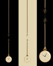 A gold pocket watch is seen in three versions, dangling on a frayed cord that is about to break