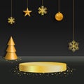 Gold podium on a black background for the presentation of Christmas products, gifts, cosmetics. Winter, christmas tree