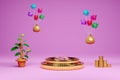 Gold podium dollar coin with balloon piggy bank and money bag and tree pot on pink background ,Concept 3d illustration or 3d