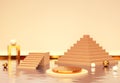 3D Gold podium with Spherical objects. Luxury stand to show products. Stage showcase with modern ancient scene.