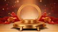 Gold Podium and surrounded by red and gold flowers, set against a dramatic backdrop with floating particles, for Chinese New Year,