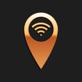 Gold Pointer map with wifi internet signal connection icon isolated on black background. Long shadow style. Vector