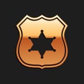 Gold Police badge icon isolated on black background. Sheriff badge sign. Long shadow style. Vector