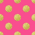 Gold polka dot seamless pattern on bright pink backdrop. Royalty Free Stock Photo