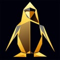 Gold polygonal low poly penguin isolated on black background. Generative AI