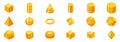 Gold polyhedron icons set. Set of 3d geometric shapes representing different figures in vivid yellow tones