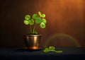 Gold pot and growing in it a green clover on a brown background with a rainbow, banner space for your own content. The green color Royalty Free Stock Photo