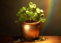 Gold pot and growing in it a green clover on a brown background with a rainbow, banner space for your own content. The green color Royalty Free Stock Photo