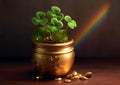 Gold pot and growing in it a green clover on a brown background with a rainbow, banner space for your own content. The green color Royalty Free Stock Photo