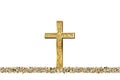 Gold prayer cross realistic vector illustration. Luxurious jewelry, elegant accessory under golden glitter rain