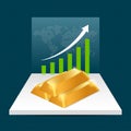 Gold price concept. Gold price growing up graph with world map b Royalty Free Stock Photo