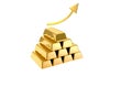 Gold price concept.Increased demand and price of gold.Gold bars and up arrow on white background.Buying and selling gold