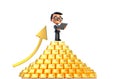 Gold price concept.Increased demand and price of gold.Plasticine figurine of a smiling businessman with a tablet in his