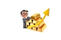 Gold price.Increased demand of gold.Plasticine figurine of a smiling businessman with a tablet in his hands on Gold bars