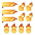 Gold price and sale icons with flames of fire
