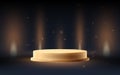 Gold product cylinder display mockup. 3d podium on light beam background. Vector illustration