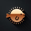 Gold Puffer fish icon isolated on black background. Fugu fish japanese puffer fish. Long shadow style. Vector