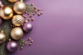 Gold and purple Christmas ornaments, garland on purple background, top view, Christmas background. Generative AI Royalty Free Stock Photo