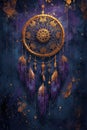 A gold and purple dream catcher on a blue background Royalty Free Stock Photo