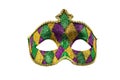 Gold, purple and green glittery Mardi gras mask isolated on white background Royalty Free Stock Photo