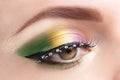 Gold, purple and green Mardi gras makeup. Woman closed eye with bright eyeshadows and rhinestones on false eyelashes closeup Royalty Free Stock Photo