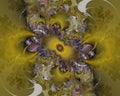 Gold purple flowery hypnotic fractal, abstract flowery spiral shapes, background Royalty Free Stock Photo