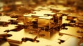Gold puzzle background, perspective of stack of golden pieces, pattern of shiny metal blocks. Concept of business, game, design,
