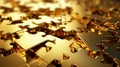 Gold puzzle pile background, stack of shiny metal pieces, pattern of abstract golden blocks. Concept of business, game, jigsaw,