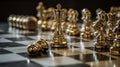 Gold queen chess surrounded by a number of fallen silver chess pieces, business strategy concept, generative ai Royalty Free Stock Photo