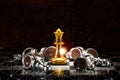 Gold queen chess surrounded by a number of fallen silver chess pieces and abstraction connection line network screen , business Royalty Free Stock Photo