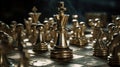 Gold queen chess surrounded by a number of fallen silver chess pieces, business strategy concept, generative ai Royalty Free Stock Photo