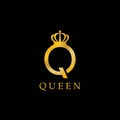 Gold Queen Q letter logo vector icon on black background illustration