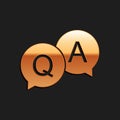 Gold Question and Answer mark in speech bubble icon isolated on black background. Q and A symbol. FAQ sign. Copy files
