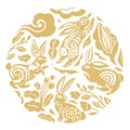 Gold rabbit characters design with beautiful blossom flowers in the circle. Vector illustration