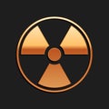 Gold Radioactive icon isolated on black background. Radioactive toxic symbol. Radiation Hazard sign. Long shadow style