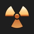 Gold Radioactive icon isolated on black background. Radioactive toxic symbol. Radiation Hazard sign. Long shadow style