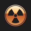 Gold Radioactive icon isolated on black background. Radioactive toxic symbol. Radiation Hazard sign. Long shadow style