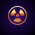 Gold Radioactive icon isolated on black background. Radioactive toxic symbol. Radiation Hazard sign. Vector