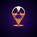 Gold Radioactive in location icon isolated on black background. Radioactive toxic symbol. Radiation Hazard sign. Vector