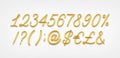 Gold realistic 3d numbers, symbols and currency signs isolated on a light background. Royalty Free Stock Photo